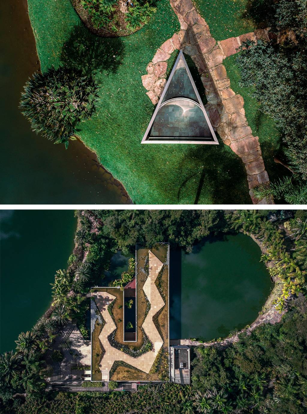 Acima, Dan Graham, Bisected triangle, Interior curve, 2002 e abaixo, Vista aérea do Centro de Educação e Cultura Burle Marx no Instituto Inhotim. Arquitetos Associados.