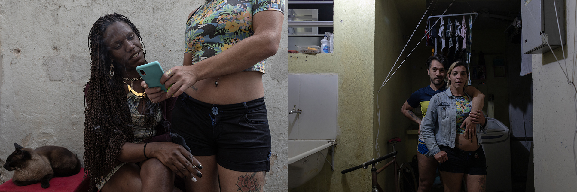 À esq., Aline mostra imagens do seu celular para Savanna durante churrasco na casa de Murilo e Victor, na zona norte de São Paulo. Elas se conheceram na Casa Florescer II; ambas saíram da casa e eventualmente se encontram. À dir, Aline posa com Murilo.
