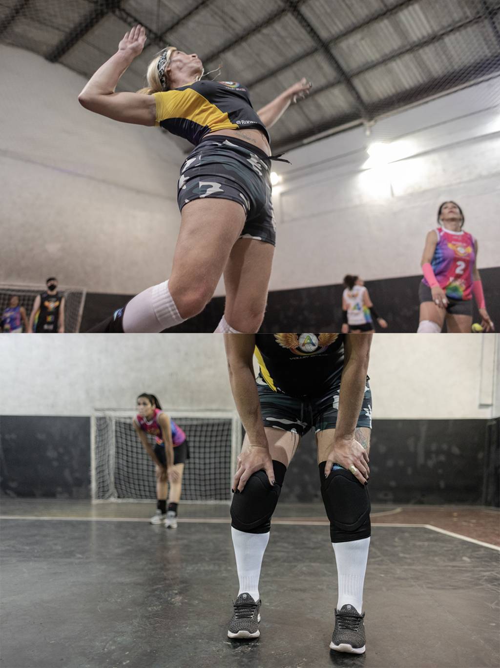 Aline corta bola contra o time adversário. Ela fez um teste para entrar no time Angels Volley Brazil e foi encaixada na turma de mulheres com prática em vôlei avançada.