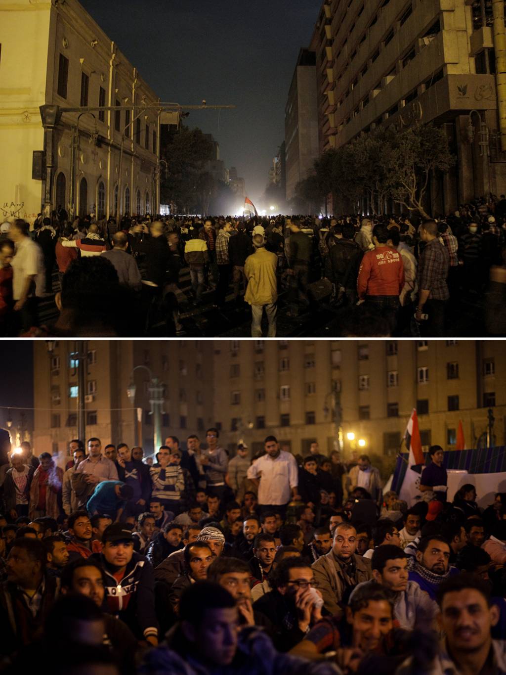 Protesto de um ano do confronto sangrento da rua Muhammad Mahmoud. / Revolucionários assistindo às notícias na Praça Tahrir durante ocupação, em 23 de novembro de 2012.