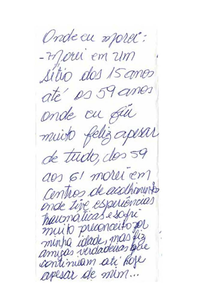 Texto de Camilla sobre onde morou dos 15 aos 59 anos, escrito durante o projeto Transgressoras