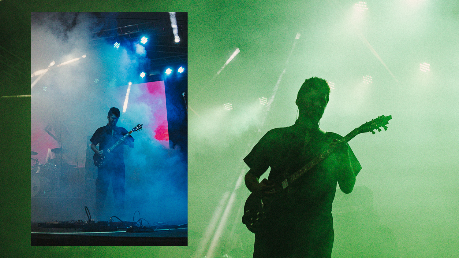 fotografia de banda de metal tocando no festival com luzes coloridas