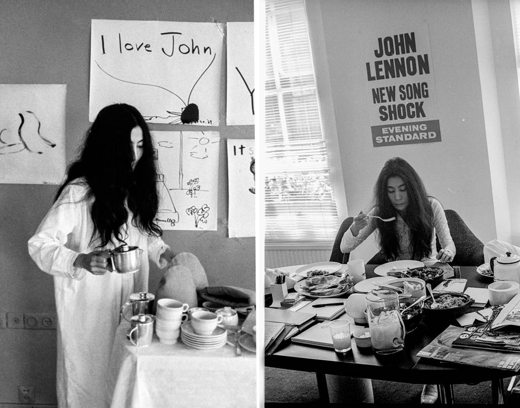 Yoko Ono servindo chá ao fotógrafo no Hotel Hilton de Amsterdam durante jornada de Bed in for Peace
