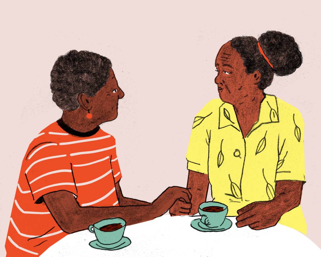 Ilustração onde duas mulheres idosas conversam enquanto tomam café, uma delas toca a mão da outra.