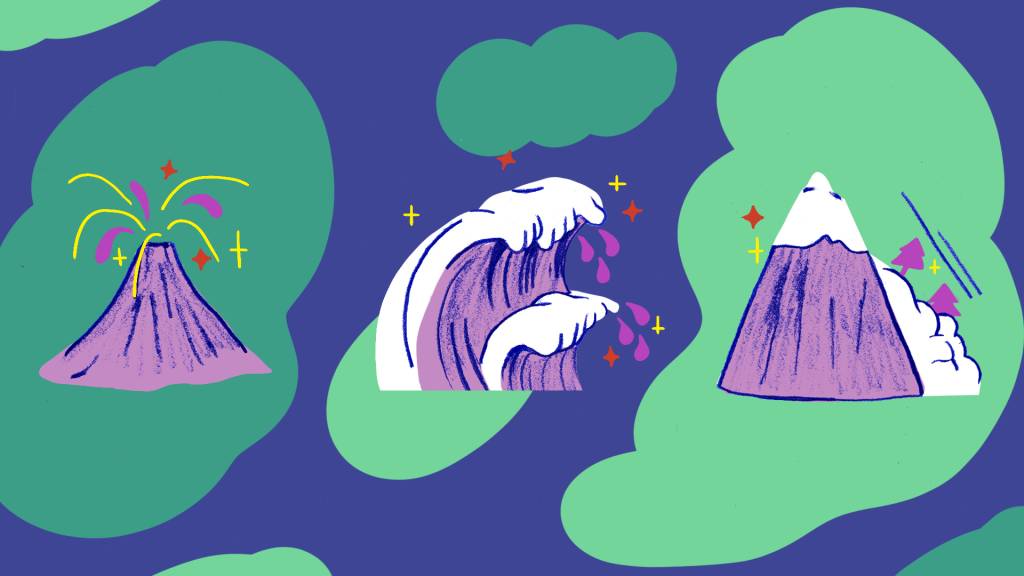 Ilustrações de ícones de um vulcão, ondas e avalanche