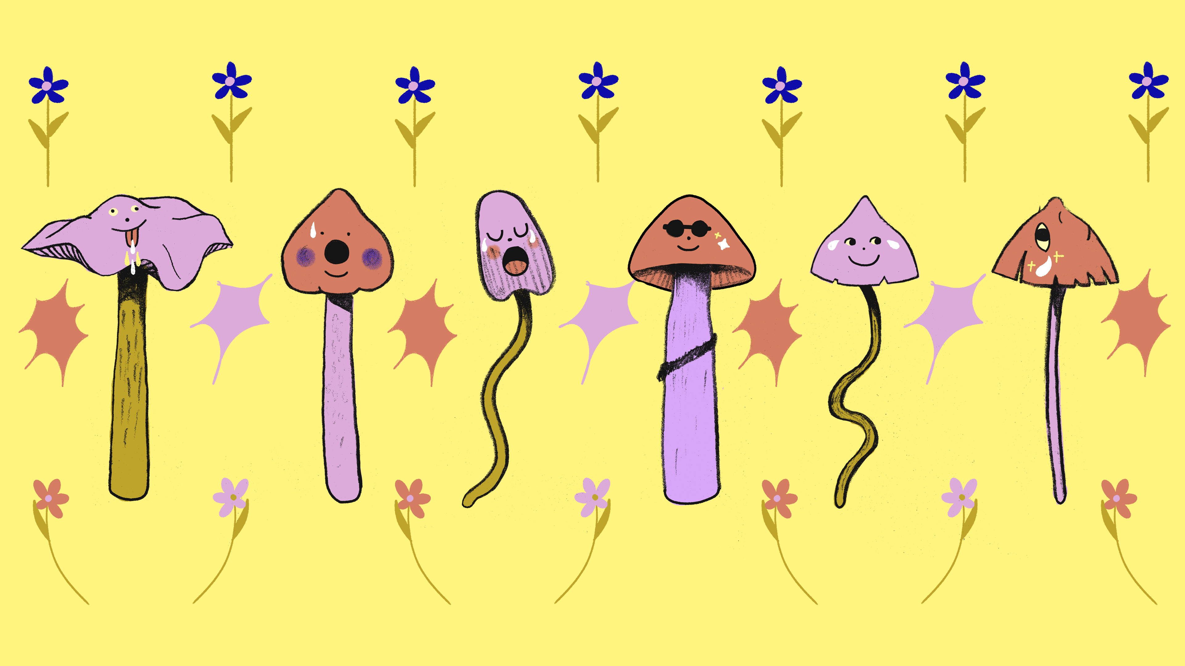 Ilustração com tipos variadas de cogumelos.