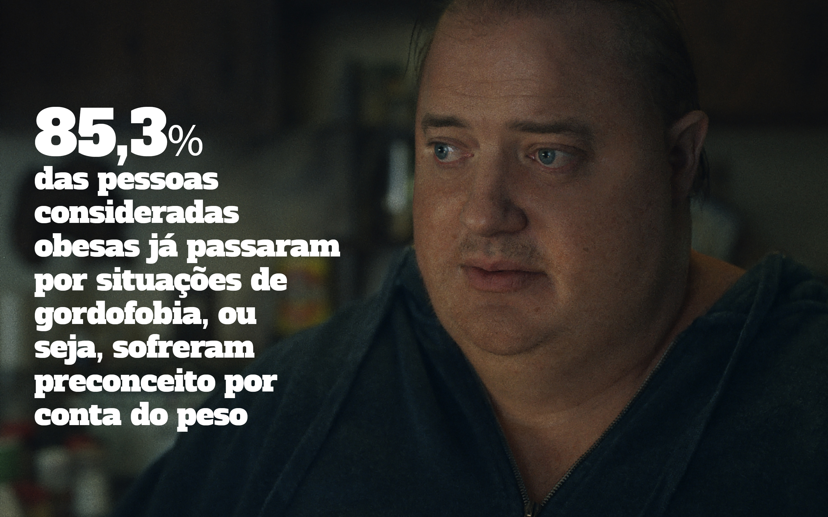 Cena do filme A Baleia onde o ator Brendan Fraser interpreta o personagem Charlie. A imagem tem texto com dados.